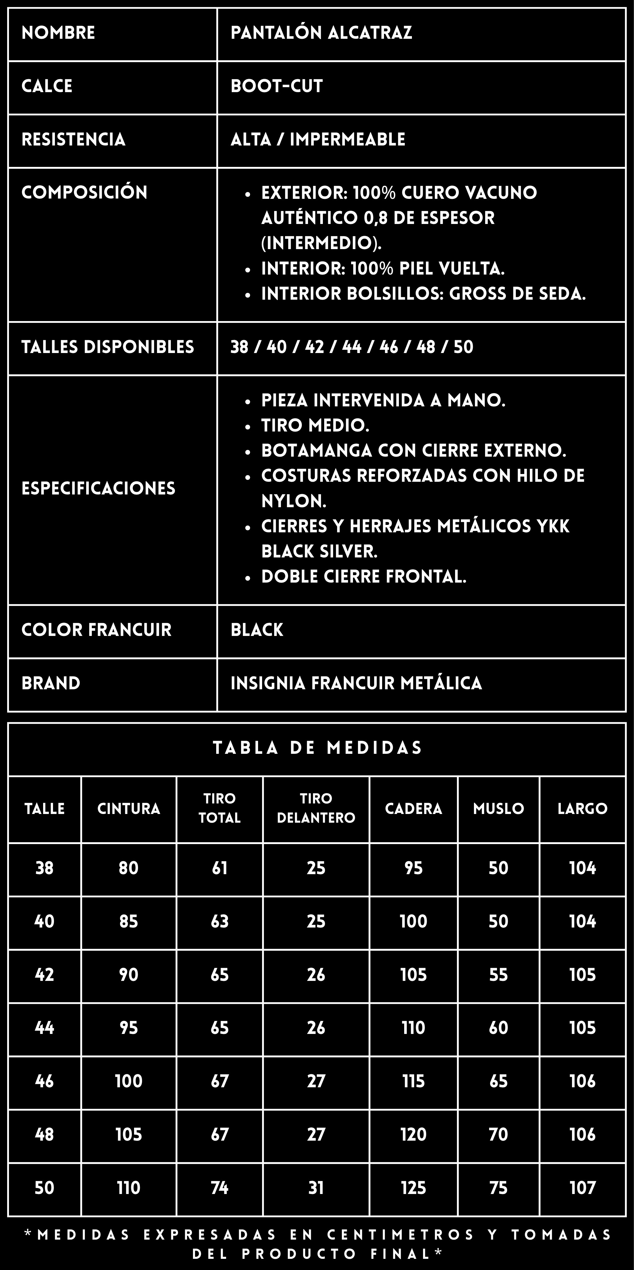 FICHA TÉCNICA PANTALÓN DE CUERO ALCATRAZ - FRANCUIR